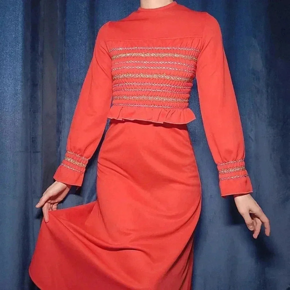 Vintage 60s bright red, gold, and silver babydoll long bell-sleeved maxi dress - Picture 2 of 15